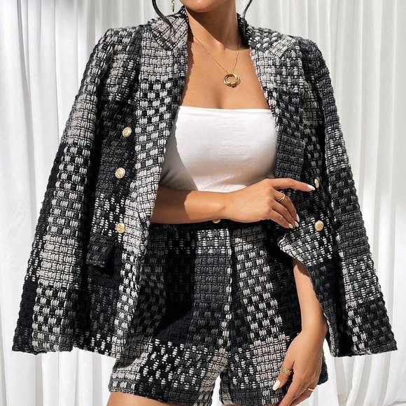 . Jackets & Blazers - Grey Preppy Womens Plaid Print Double Breasted Blazer & Shorts